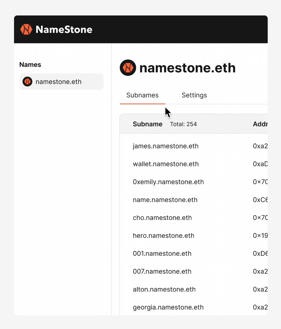 Managing subdomains in NameStone admin panel